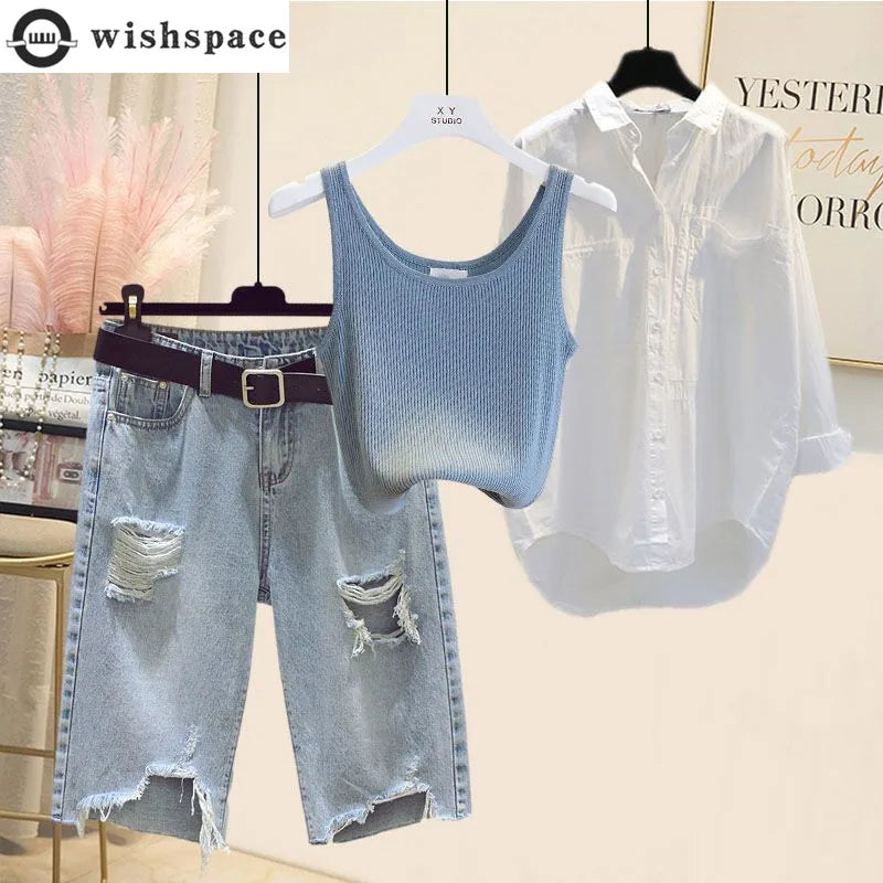 Shirt Thin and Broken Hole Denim Shorts Three Piece Set