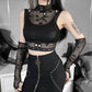 Skull Fishnet Black Crop Top With Gloves