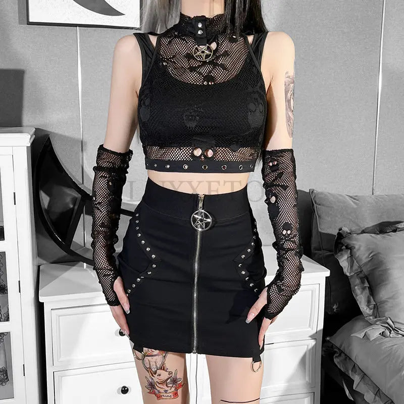 Skull Fishnet Black Crop Top With Gloves